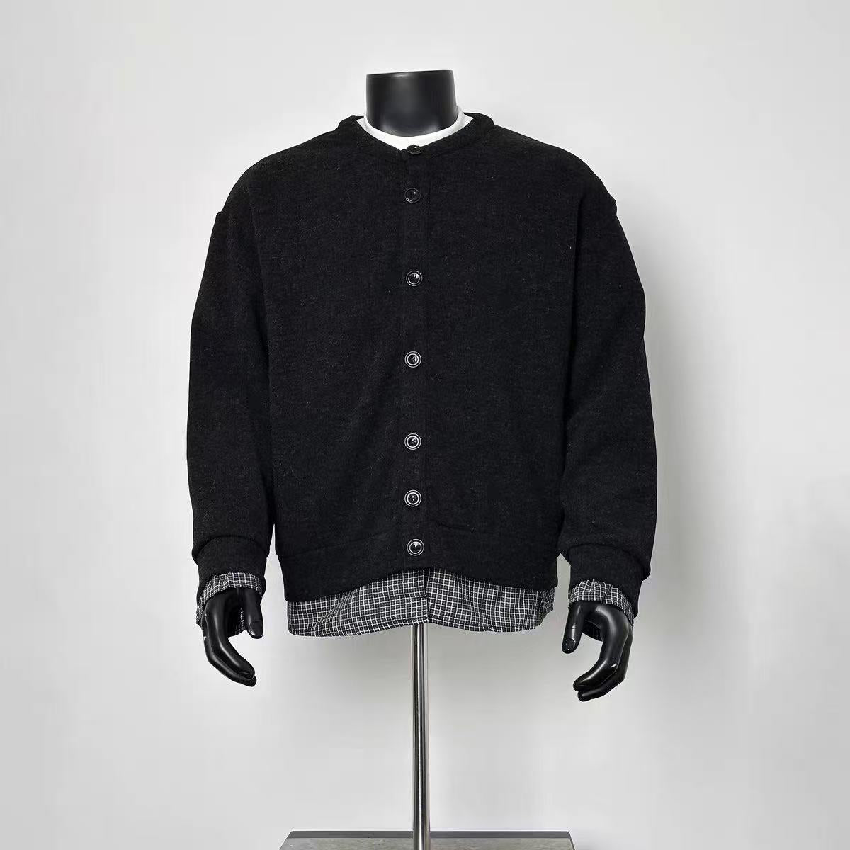 Men’s Black Crew Neck Button Cardigan Faux Two Piece Plaid Hem Layer Sweater Jacket