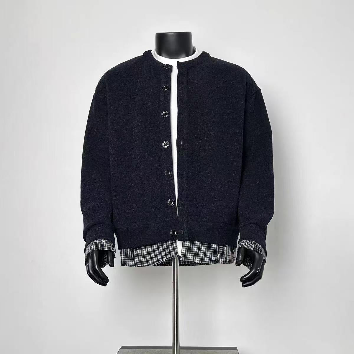 Men’s Dark Navy Faux Two-Piece Knit Cardigan Plaid Hem Cuff Layered Sweater Jacket