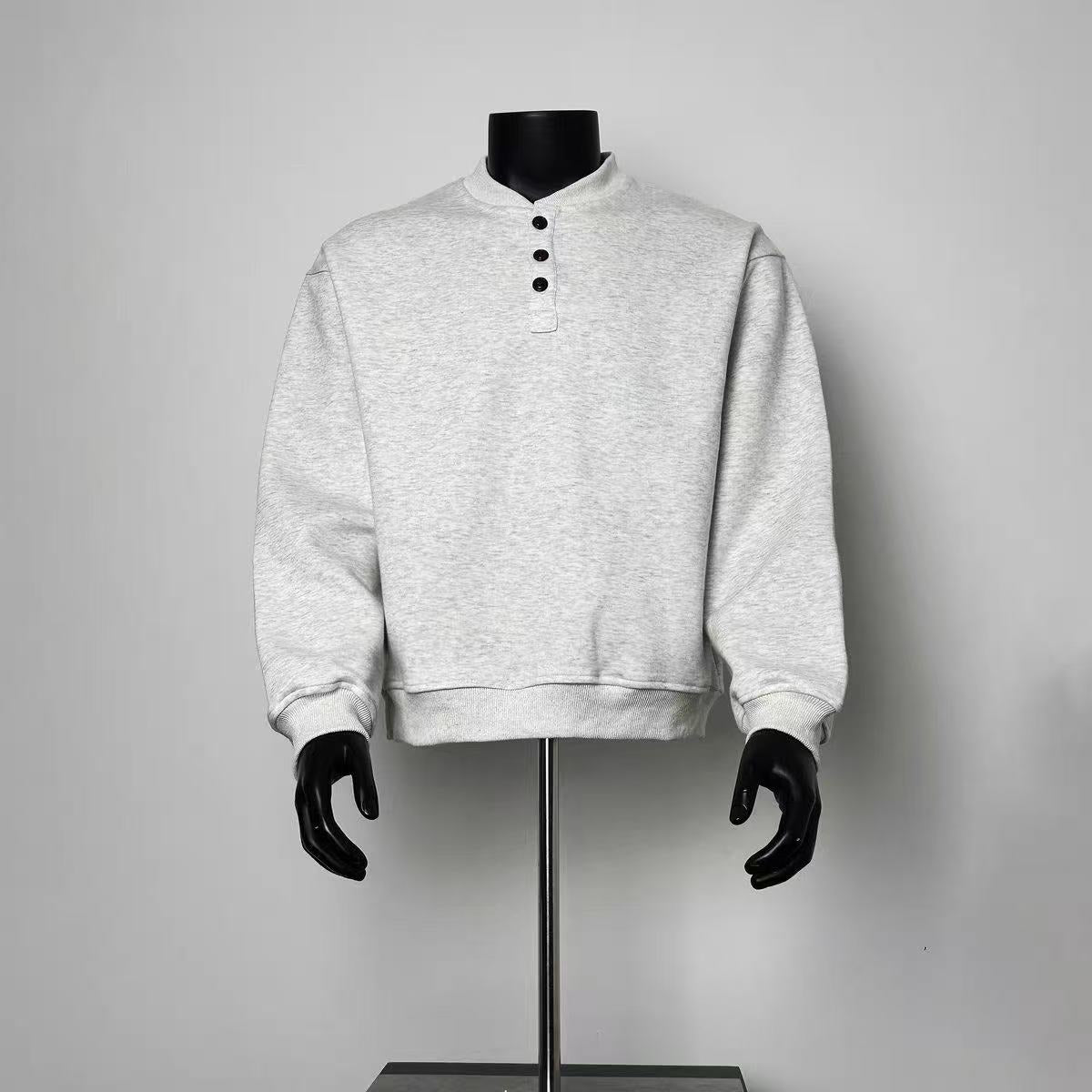 Minimalist Solid Gray Raglan Sleeve Henley Sweatshirt Relaxed Fit Basic Daily Pullover