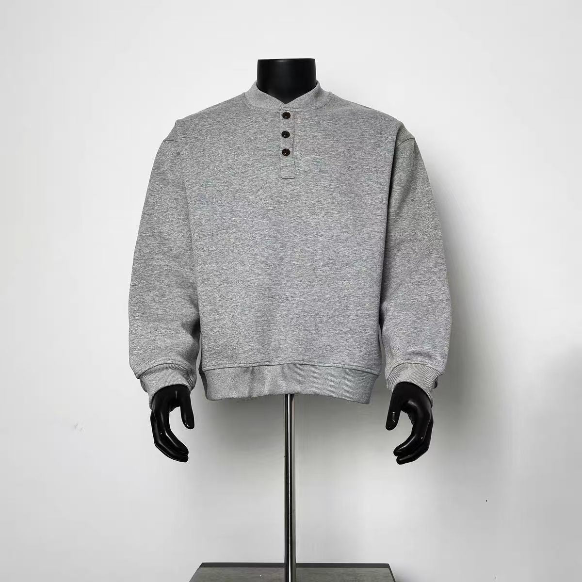 Men’s Heather Grey Henley Sweatshirt 3 Dark Button Split Neck Loose Cropped Pullover