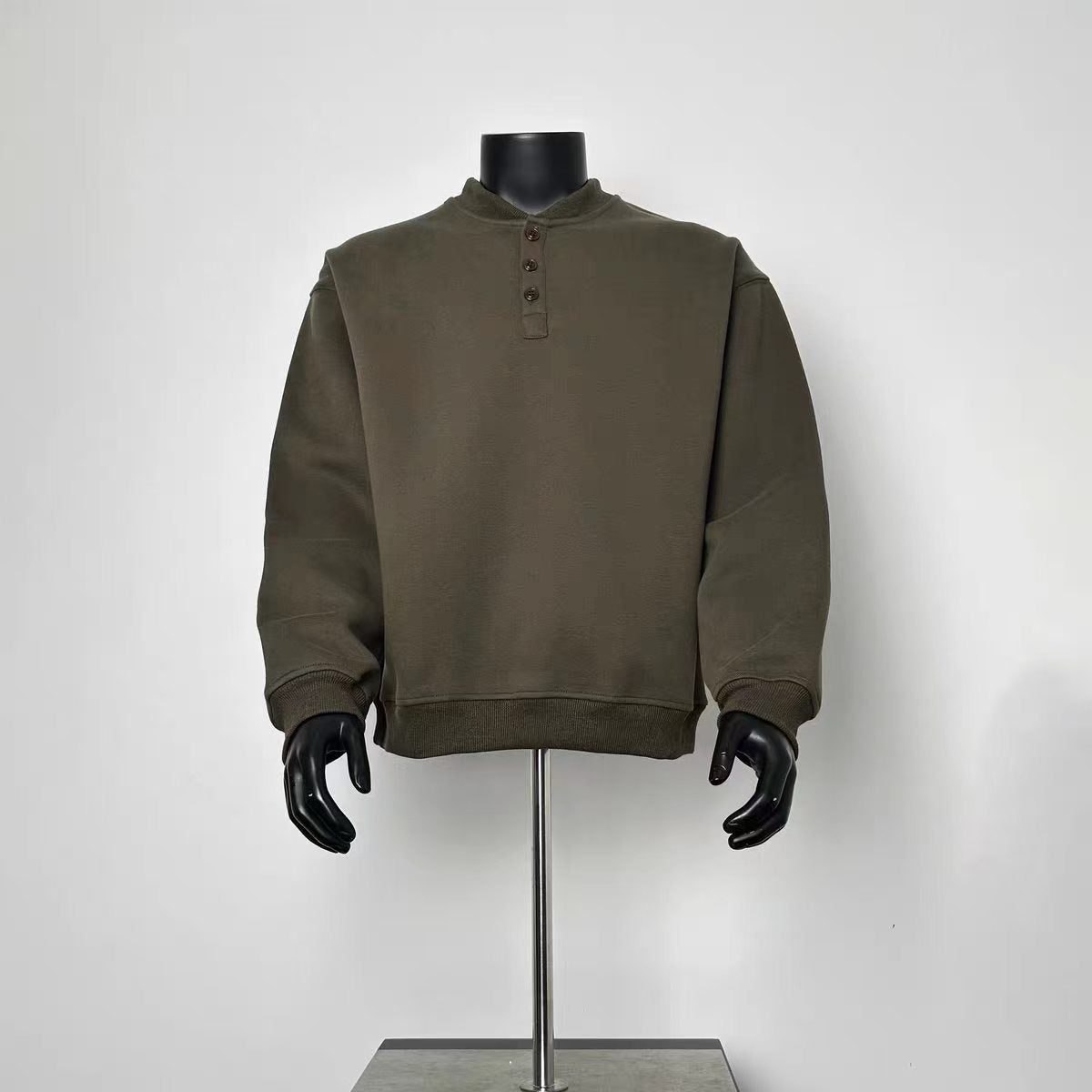 Men’s Dark Olive Henley Sweatshirt 3 Brown Button Split Neck Loose Cropped Pullover