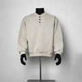 Men’s Cream Beige Henley Sweatshirt 3 Dark Button Split Neck Loose Cropped Pullover