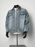 Men’s Vintage Washed Denim Jacket Contrast Leather Collar Multi Pocket Loose Workwear Coat