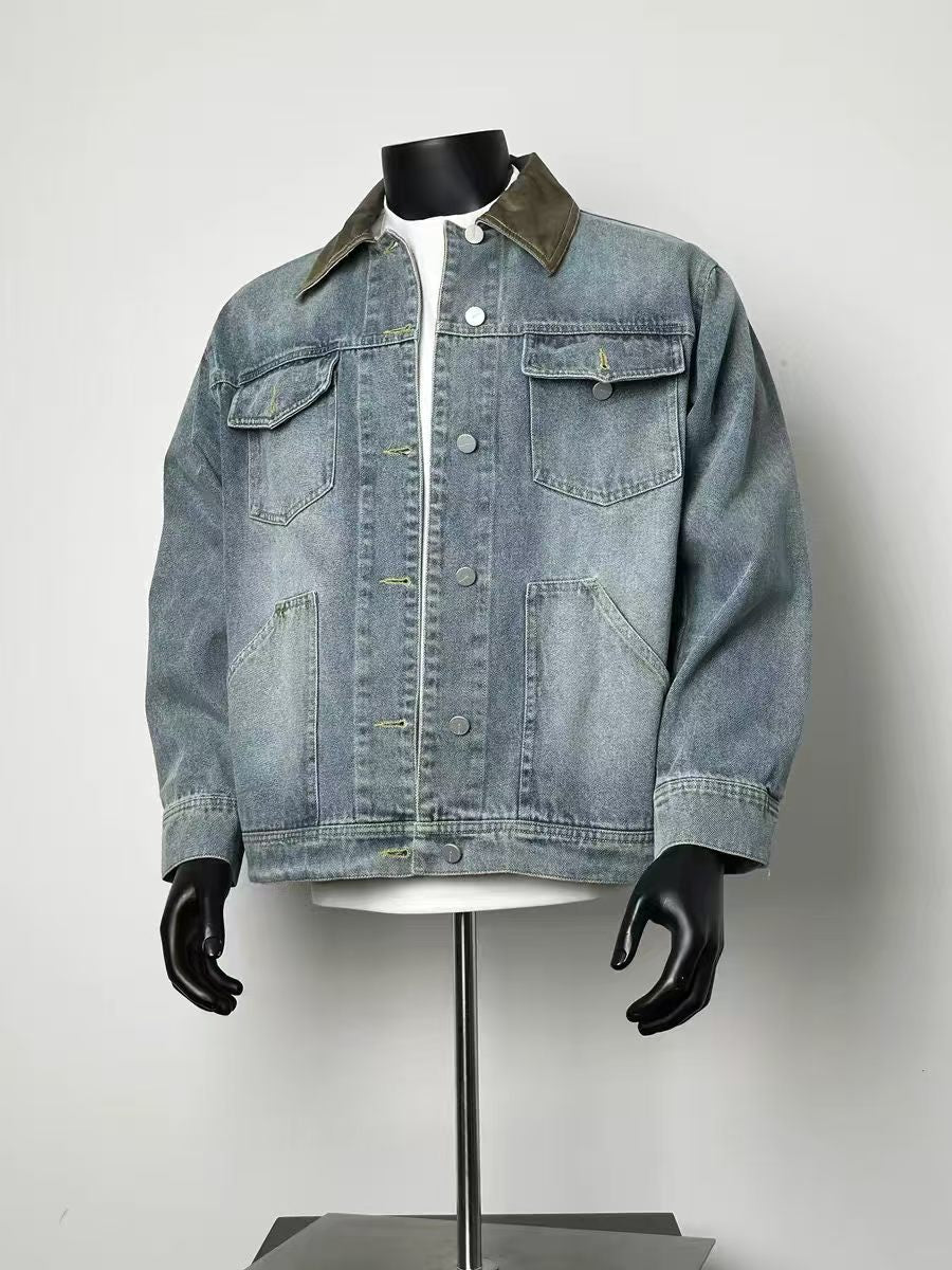 Men’s Vintage Washed Denim Jacket Contrast Leather Collar Multi Pocket Loose Workwear Coat