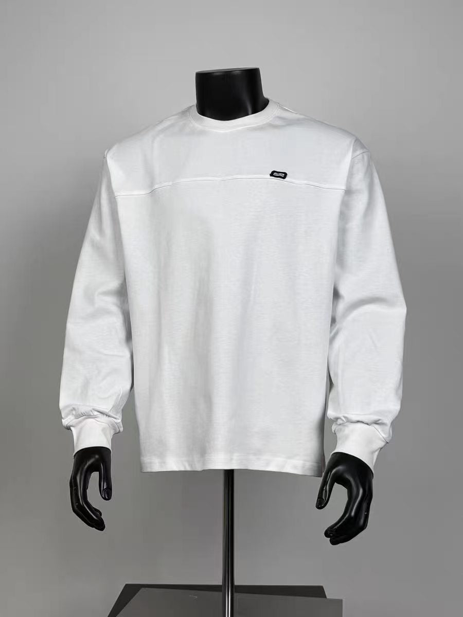 Men’s White Split Seam Crew Neck Long Sleeve Tee Small Black Label Loose Casual Base Layer Top