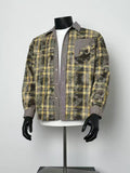 Men’s Vintage Washed Patchwork Plaid Shirt Contrast Check Cuff Chest Pocket Overshirt