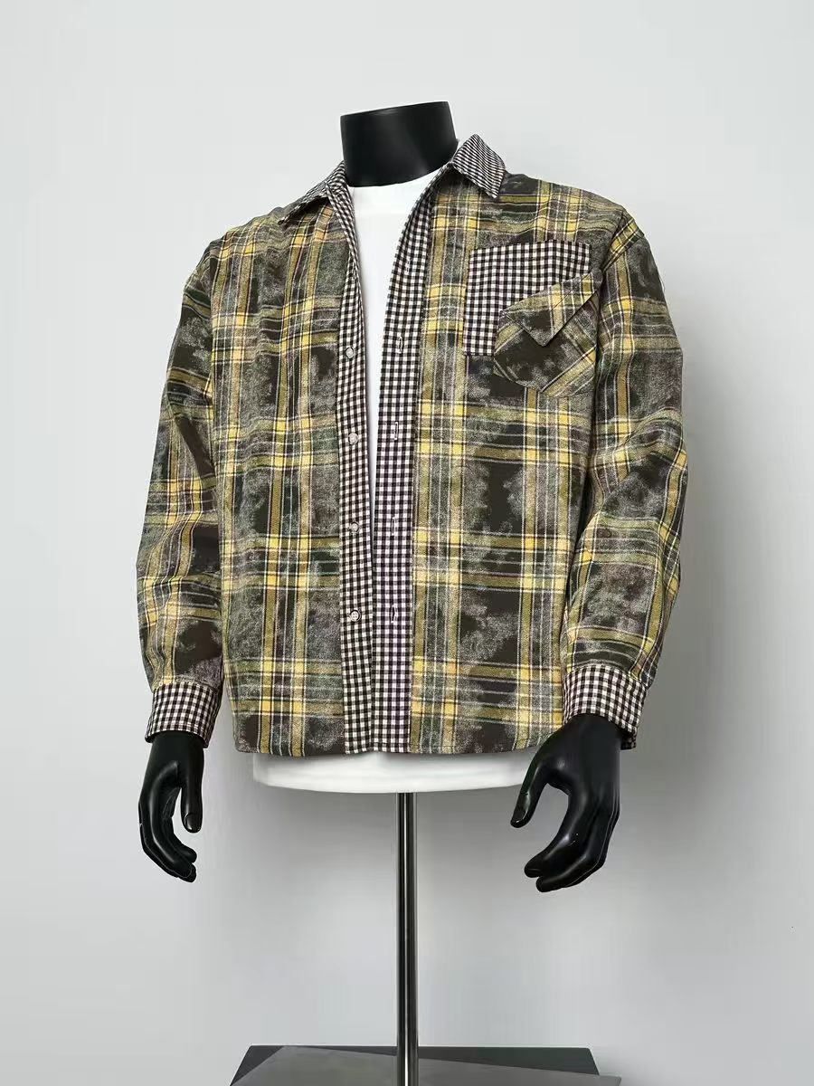 Men’s Vintage Washed Patchwork Plaid Shirt Contrast Check Cuff Chest Pocket Overshirt
