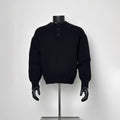 Men’s Solid Black Henley Knit Sweater 3 Dark Button Split Neck Loose Ribbed Cuff Pullover