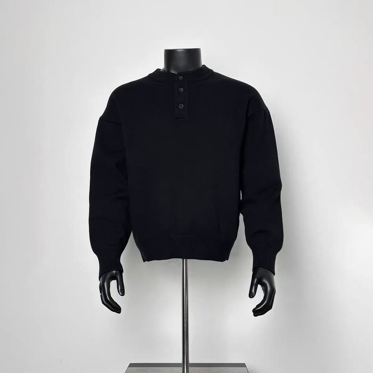 Men’s Solid Black Henley Knit Sweater 3 Dark Button Split Neck Loose Ribbed Cuff Pullover