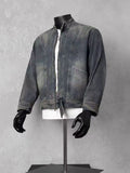 Men’s Vintage Washed Stand Collar Zip Up Denim Jacket Loose Cropped Workwear Coat
