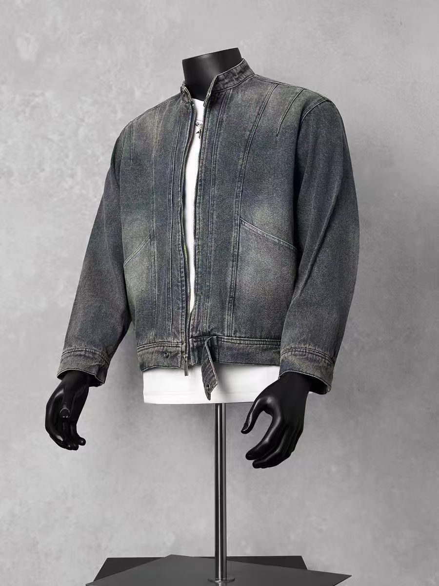 Men’s Vintage Washed Stand Collar Zip Up Denim Jacket Loose Cropped Workwear Coat