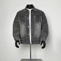 Men’s Vintage Vertical Stripe Denim Jacket Frayed Chest Pocket Distressed Grey Trucker Coat