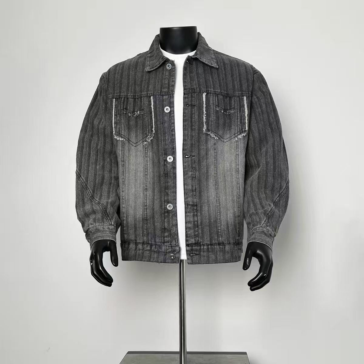Men’s Vintage Vertical Stripe Denim Jacket Frayed Chest Pocket Distressed Grey Trucker Coat