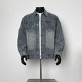 Men’s Gradient Vertical Stripe Denim Jacket Frayed Pocket Vintage Grey Trucker Coat