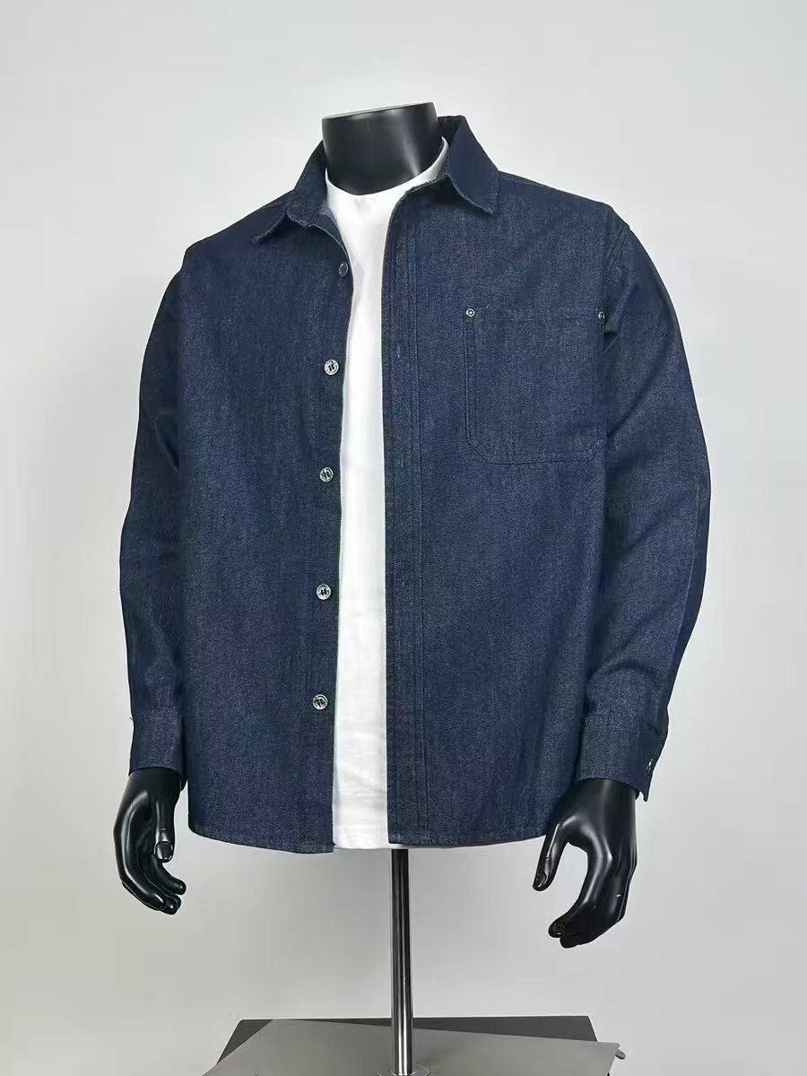 Men’s Raw Dark Indigo Denim Shirt Jacket Lapel Collar Single Chest Pocket Loose Overshirt