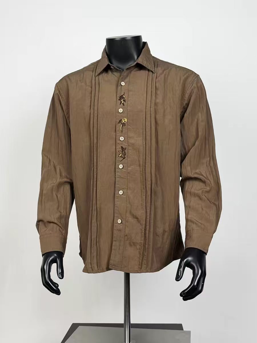 Men’s Coffee Pleated Front Embroidered Long Sleeve Shirt Vintage Lapel Collar Loose Casual Top