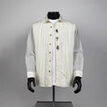 Men’s Off White Pleated Front Floral Embroidery Long Sleeve Shirt Vintage Lapel Loose Top