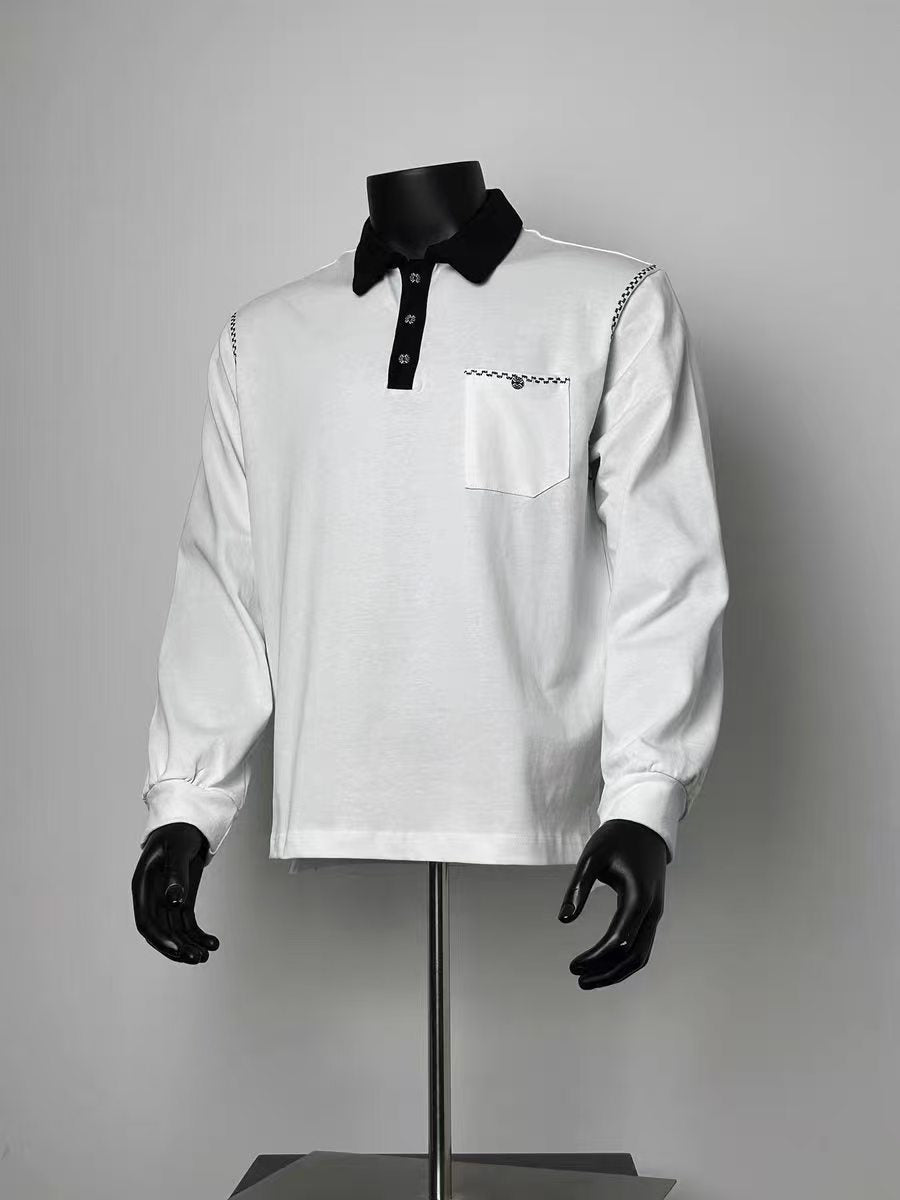 Contrast Black Collar Long Sleeve Polo Shirt with Stitch Pocket
