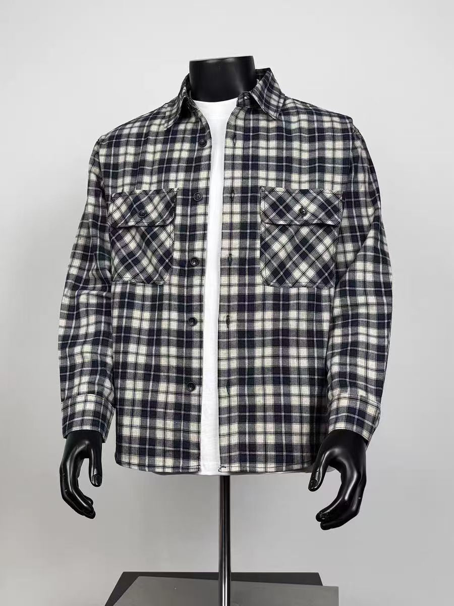 Men Navy White Plaid Long Sleeve Button Up Shirt with Double Chest Pockets