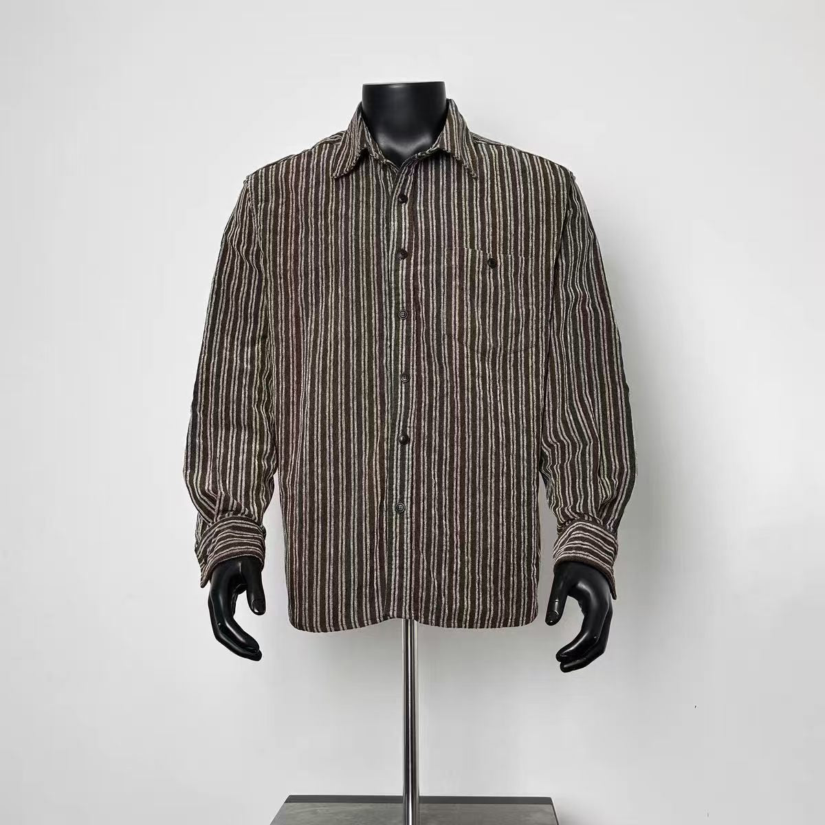 Men Vintage Brown Vertical Stripe Long Sleeve Button Down Shirt With Chest Pocket