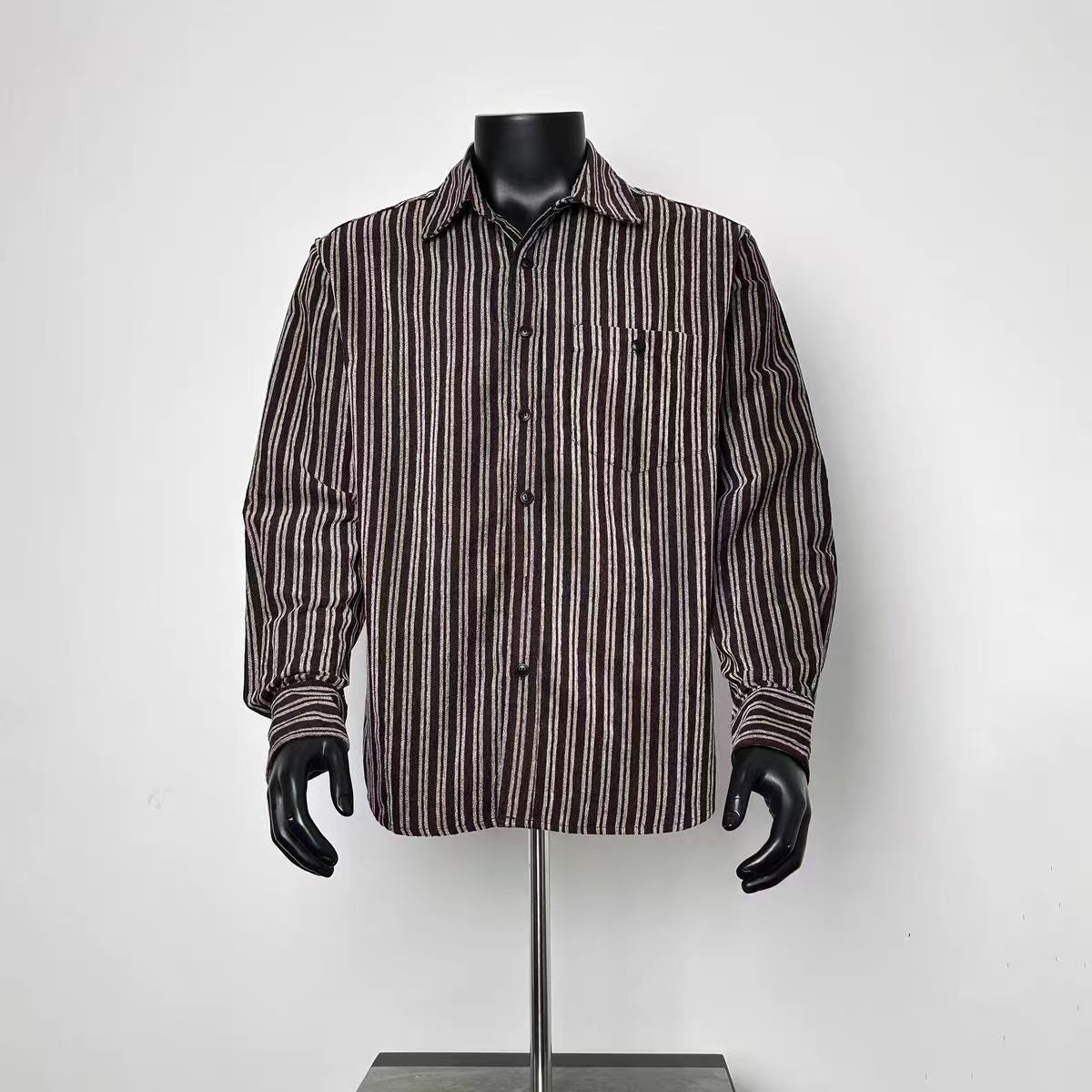 Men Burgundy Vertical Stripe Long Sleeve Button Down Shirt with Chest Pocket