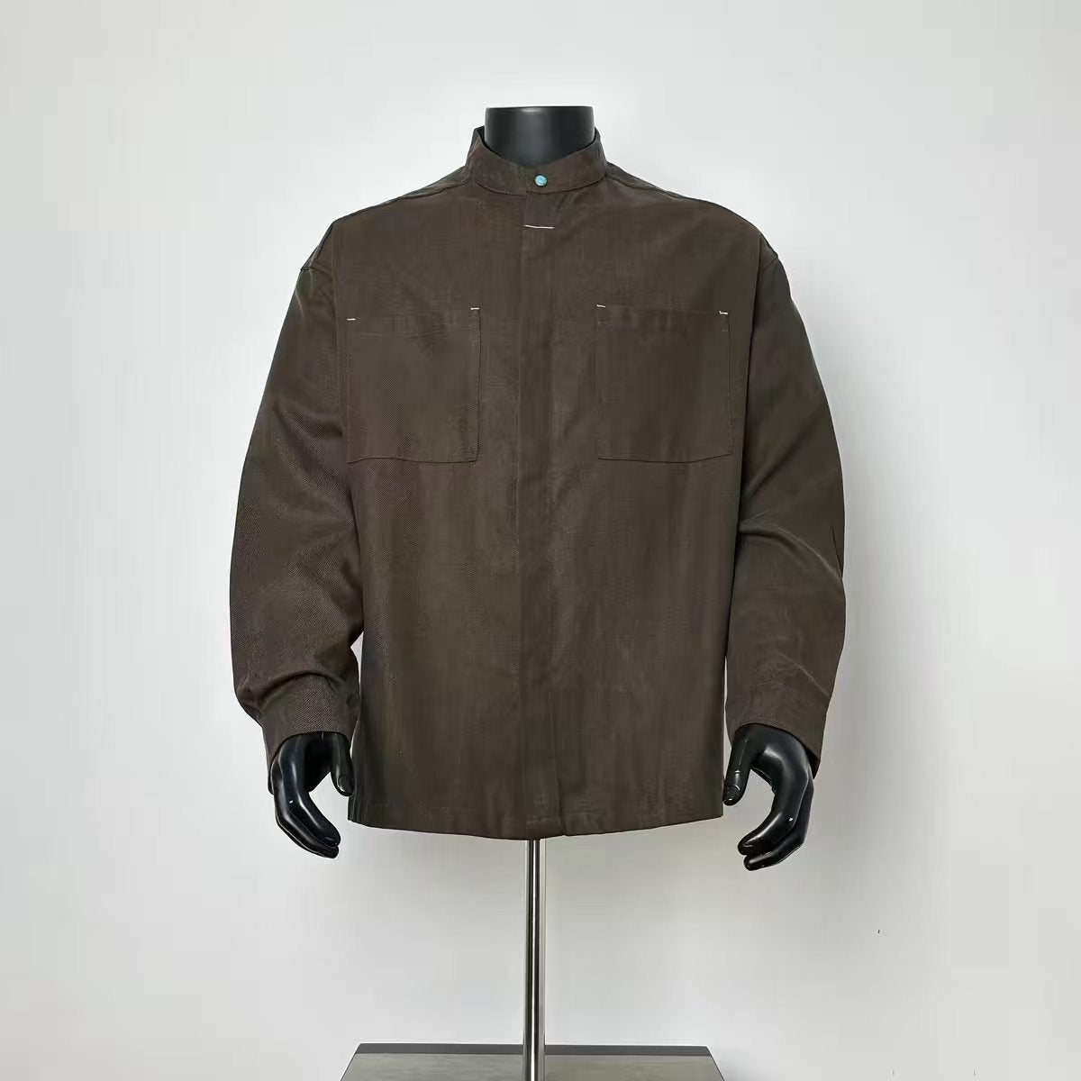 Men Dark Brown Stand Collar Hidden Button Overshirt with Dual Chest Pockets