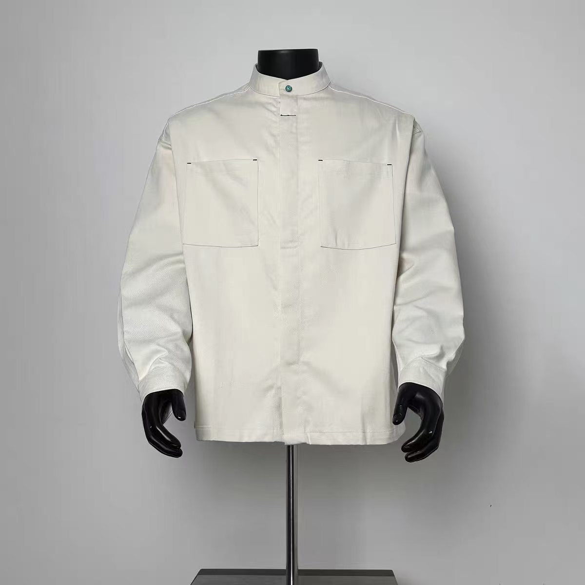 Men Off White Mandarin Collar Hidden Button Overshirt with Double Chest Pockets