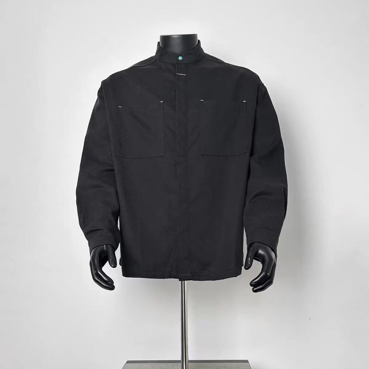 Men Black Mandarin Collar Hidden Button Utility Overshirt with Dual Chest Pockets