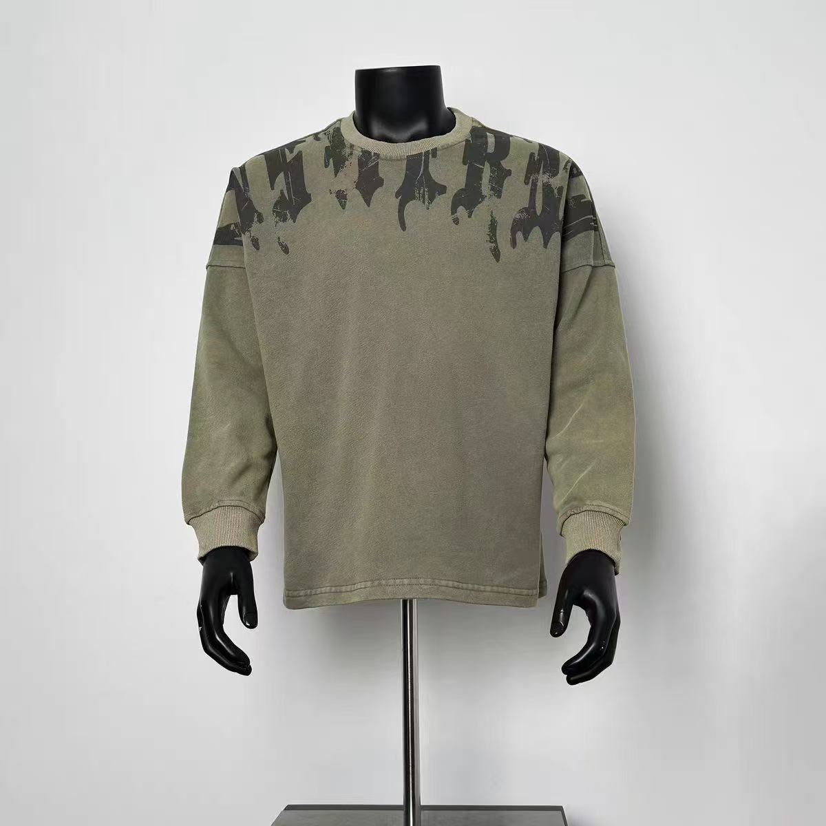 Men Washed Olive Green Gothic Letter Print Crew Neck Long Sleeve Sweatshirt
