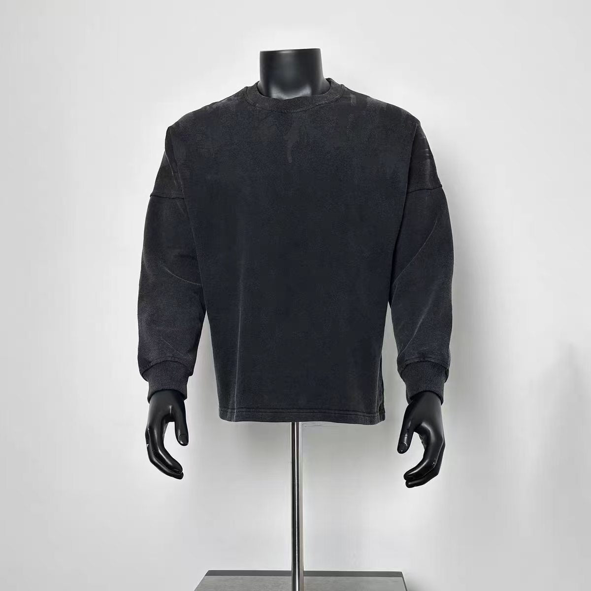 Men Vintage Washed Black Solid Crew Neck Sweatshirt Loose Drop Shoulder Long Sleeve Top