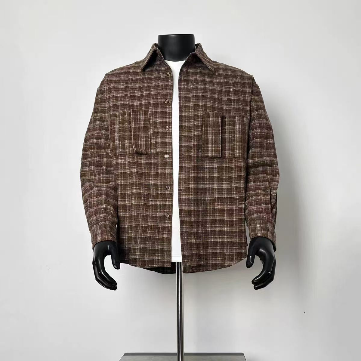 Men Vintage Brown Plaid Long Sleeve Button Up Shirt with Double Chest Pockets