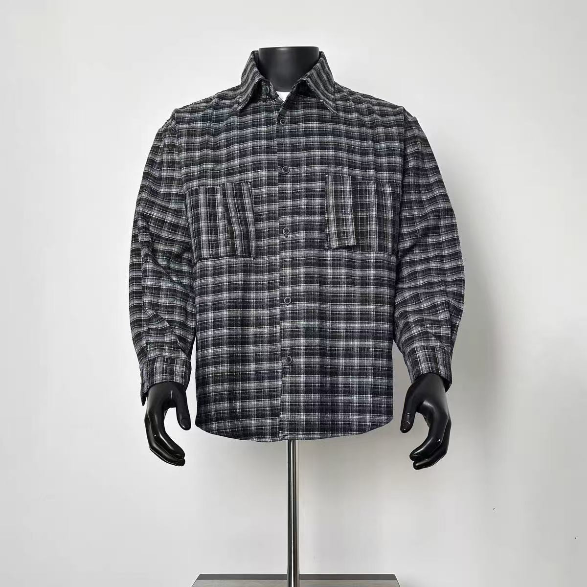 Men Black Grey Plaid Long Sleeve Button Up Shirt with Double Chest Pockets
