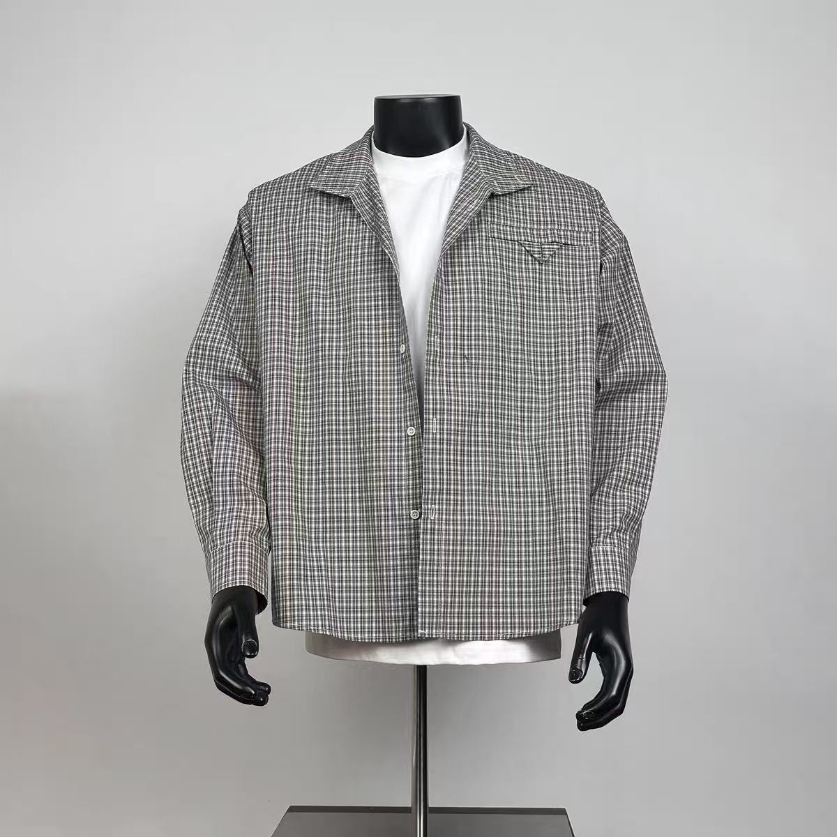 Men Mini Grey Grid Check Long Sleeve Button Up Shirt with Triangle Chest Pocket