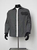 Men Black White Micro Grid Contrast Patch Pocket Panel Sleeve Long Sleeve Button Shirt