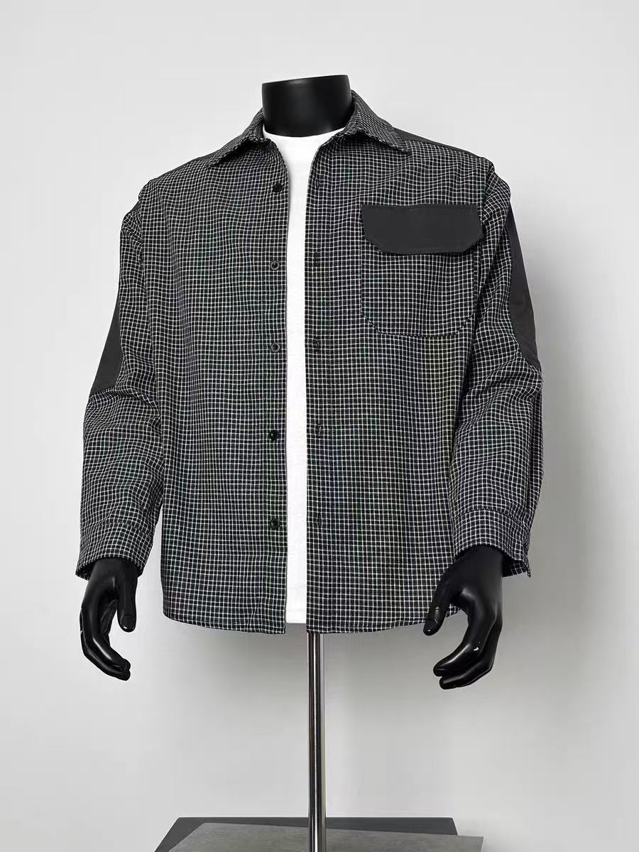 Men Black White Micro Grid Contrast Patch Pocket Panel Sleeve Long Sleeve Button Shirt