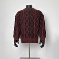 Men Burgundy Diamond Cable Knit Crew Neck Sweater Loose Vintage Long Sleeve Jumper
