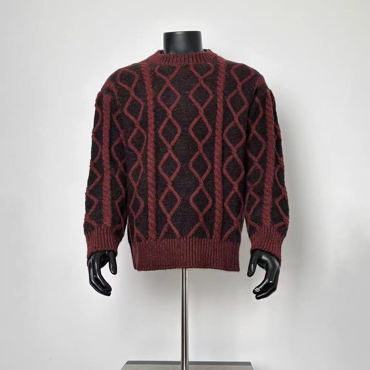 Men Burgundy Diamond Cable Knit Crew Neck Sweater Loose Vintage Long Sleeve Jumper