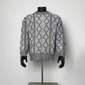 Men Heather Grey Two-Tone Diamond Cable Knit Crew Neck Sweater Loose Winter Jumper