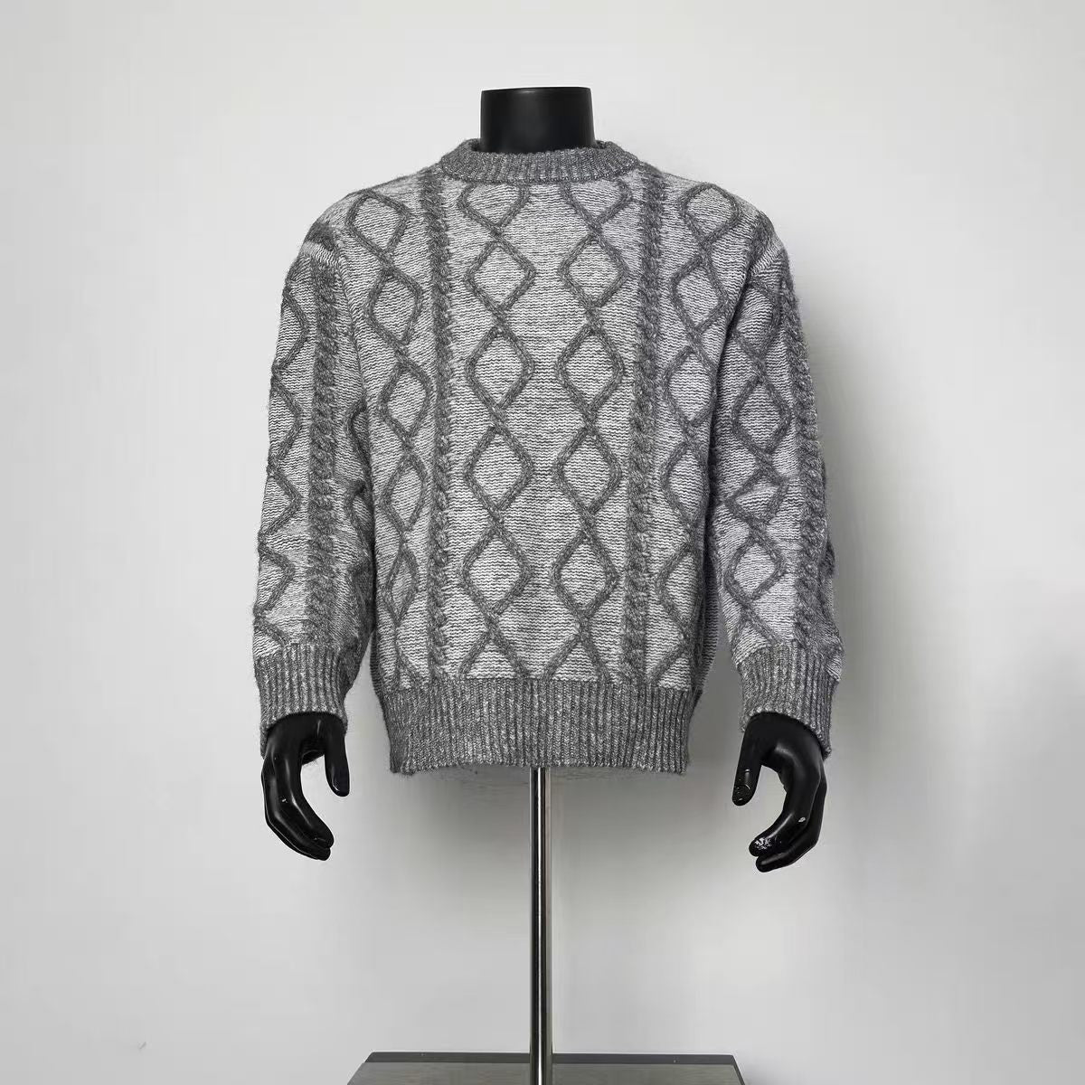 Men Heather Grey Two-Tone Diamond Cable Knit Crew Neck Sweater Loose Winter Jumper