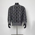 Men Black Heather Grey Diamond Cable Knit Crew Neck Sweater Loose Winter Knit Jumper
