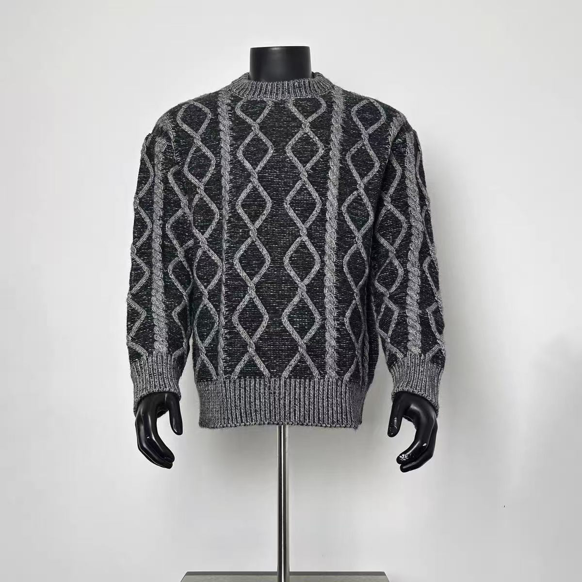 Men Black Heather Grey Diamond Cable Knit Crew Neck Sweater Loose Winter Knit Jumper