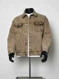 Men Vintage Washed Brown Denim Trucker Jacket Stitch Detail Collar Chest Pockets