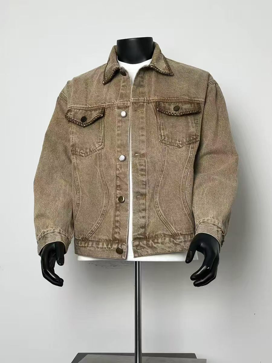 Men Vintage Washed Brown Denim Trucker Jacket Stitch Detail Collar Chest Pockets