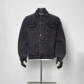 Men Vintage Washed Black Denim Trucker Jacket Dual Flap Chest Pockets Curved Stitch Design
