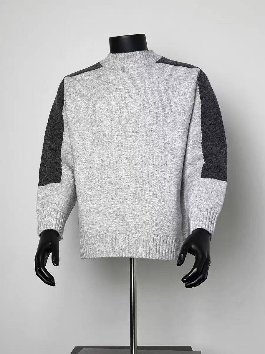 Men Two-Tone Grey Color Block Mock Neck Sweater Loose Long Sleeve Knit Jumper