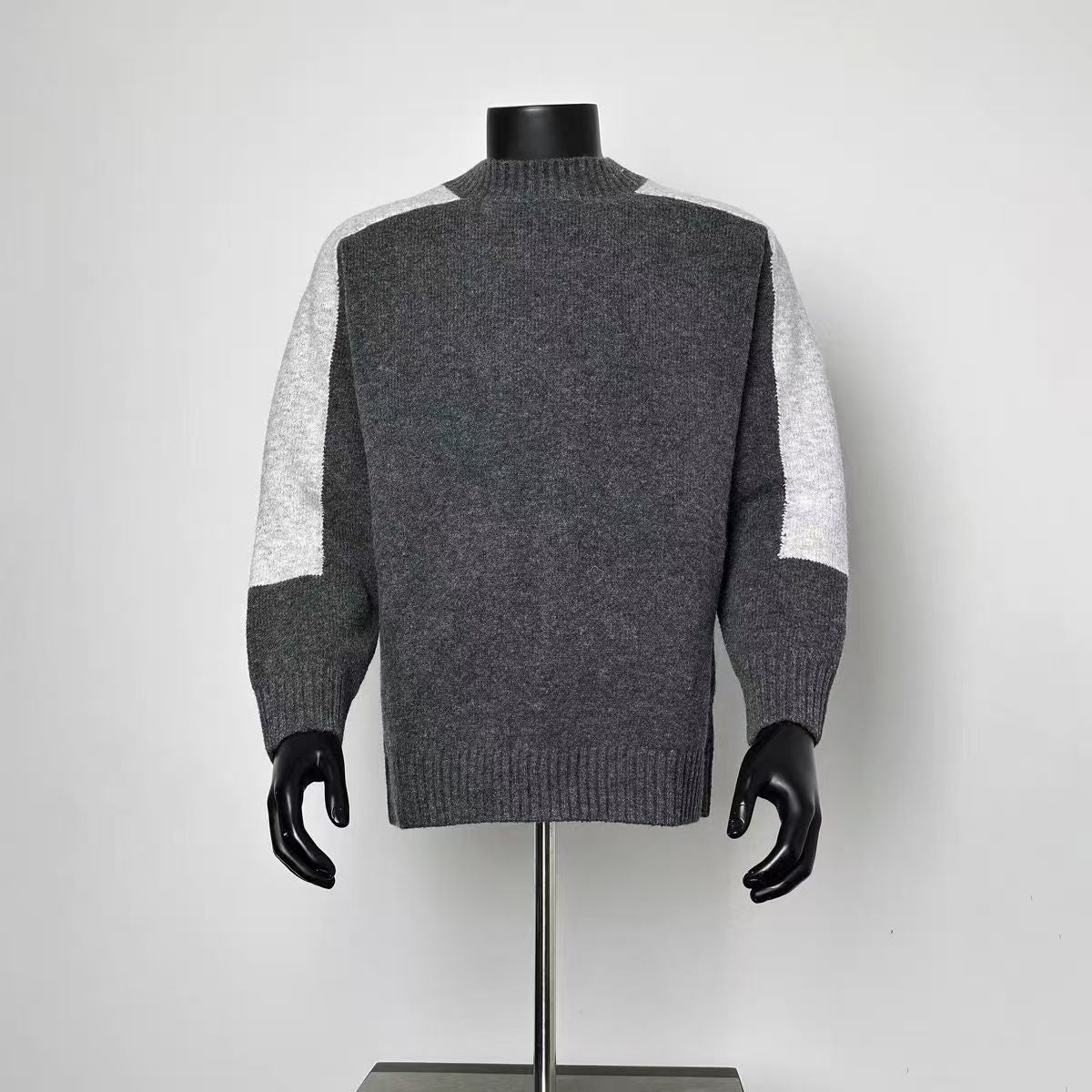 Men Dark Grey Color Block Mock Neck Knit Sweater Light Grey Splice Sleeve Loose Jumper