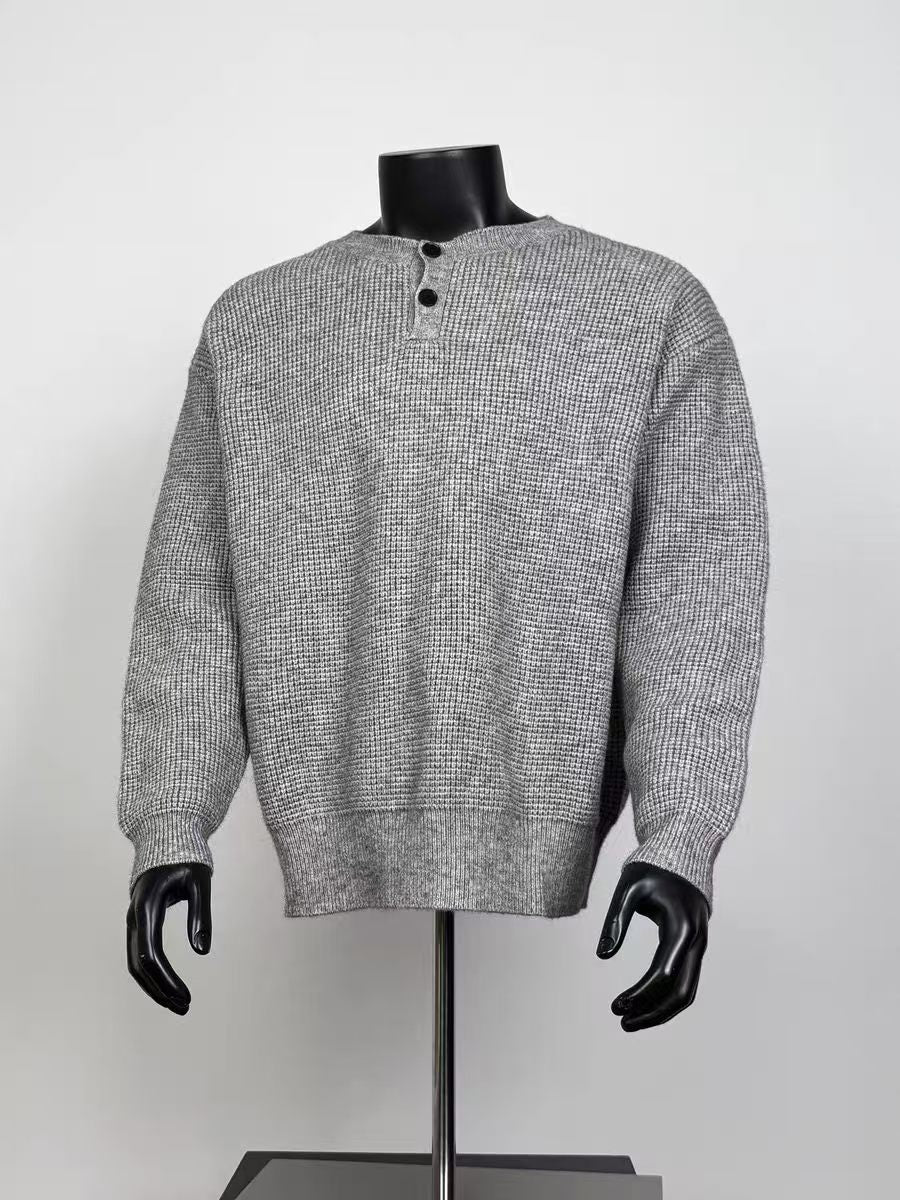 Men Heather Grey Waffle Knit Henley Sweater Loose Drop Shoulder Long Sleeve Jumper