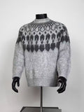 Men Heather Grey Fair Isle Nordic Pattern Crew Neck Fuzzy Knit Sweater Loose Winter Jumpe