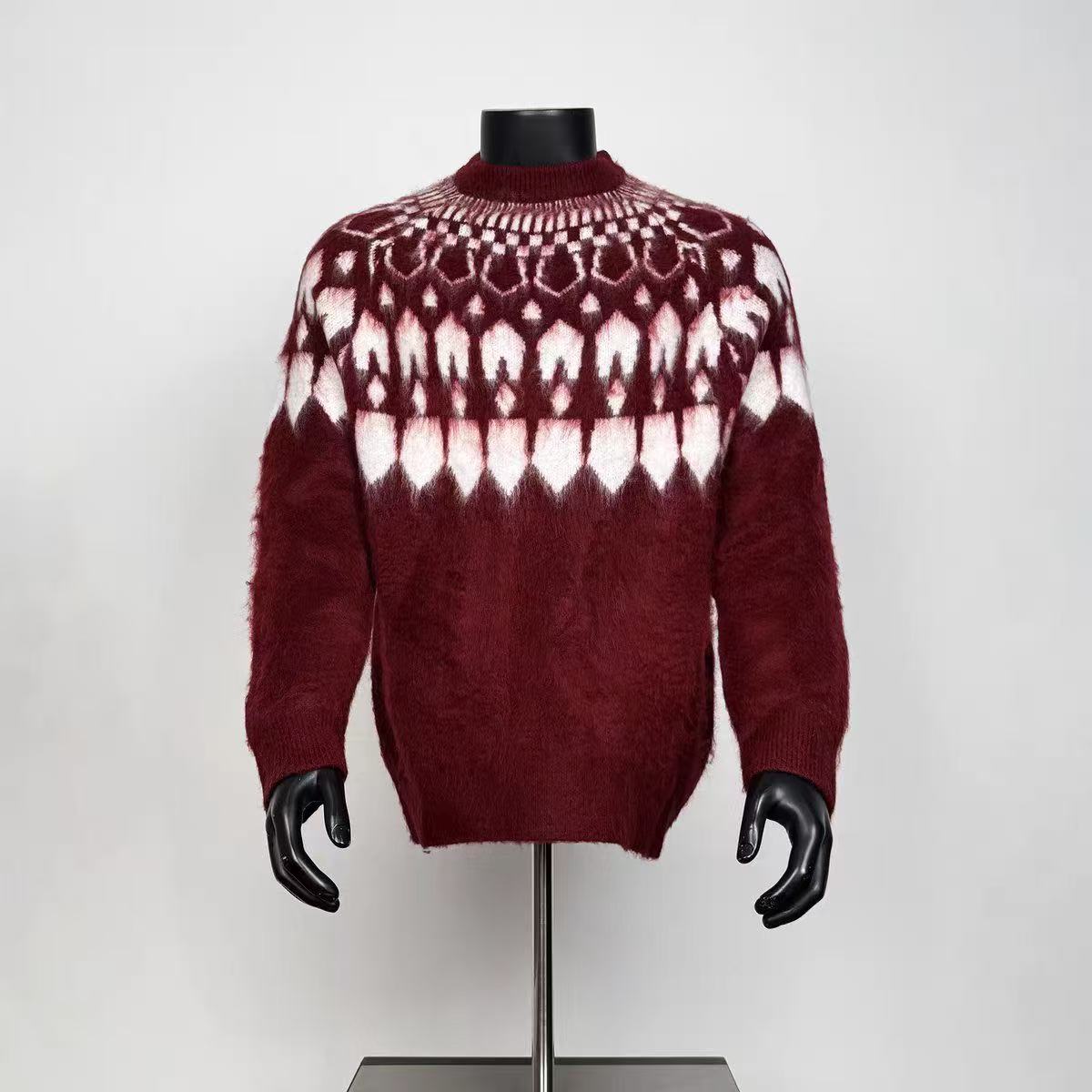 Men Burgundy Fair Isle Nordic Fuzzy Mohair Crew Neck Sweater Loose Vintage Knit Jumper