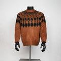 Men Caramel Brown Fair Isle Yoke Fuzzy Mohair Crew Neck Sweater Loose Retro Knit Jumper